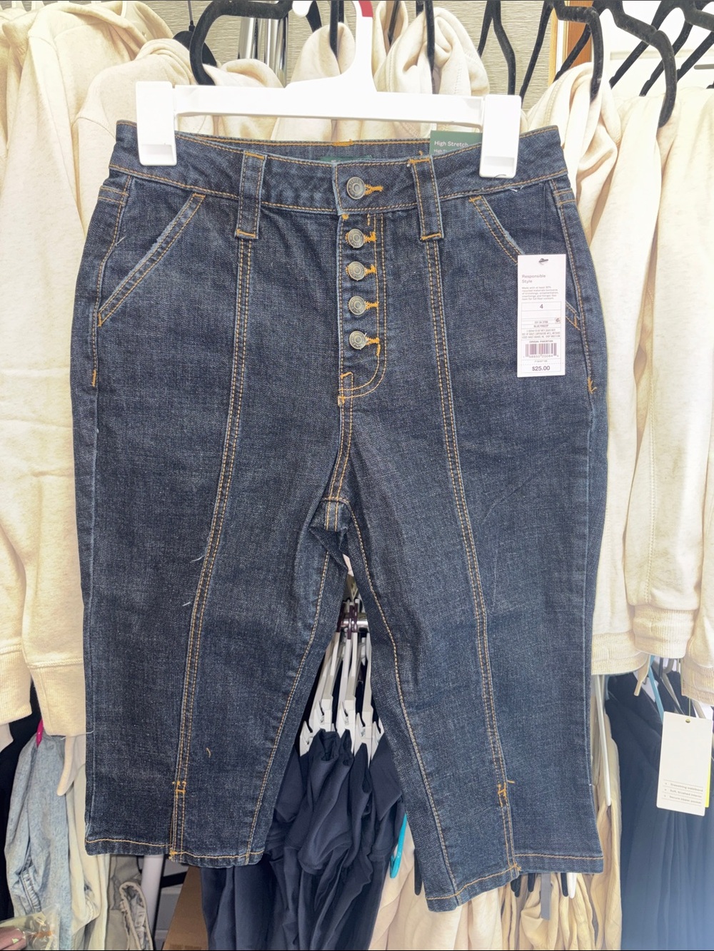 Dark Blue High-Rise Button-Fly Women’s Capris
